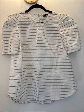 1. State White Top with Gray Stripes and Puff Sleeves